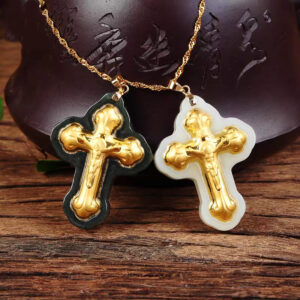 Nephrite Inlaid 24K Gold Cross