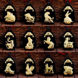 Dark Green Nephrite Inlaid 24K Gold Zodiac Chinese