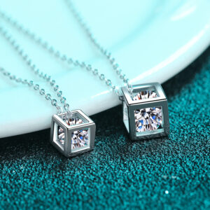 1ct Natural Moissanite Cube Design Sterling Silver 925 Necklace