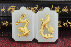 Nephrite Inlaid 24K Gold Dragon and Phoenix Square