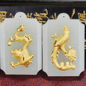 Nephrite Inlaid 24K Gold Dragon and Phoenix Square