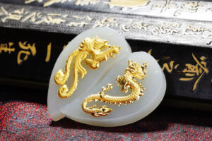 Nephrite Inlaid 24K Gold Dragon and Phoenix Heart