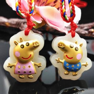 Nephrite Inlaid 24K Gold Peppa Pig Kid's Necklace