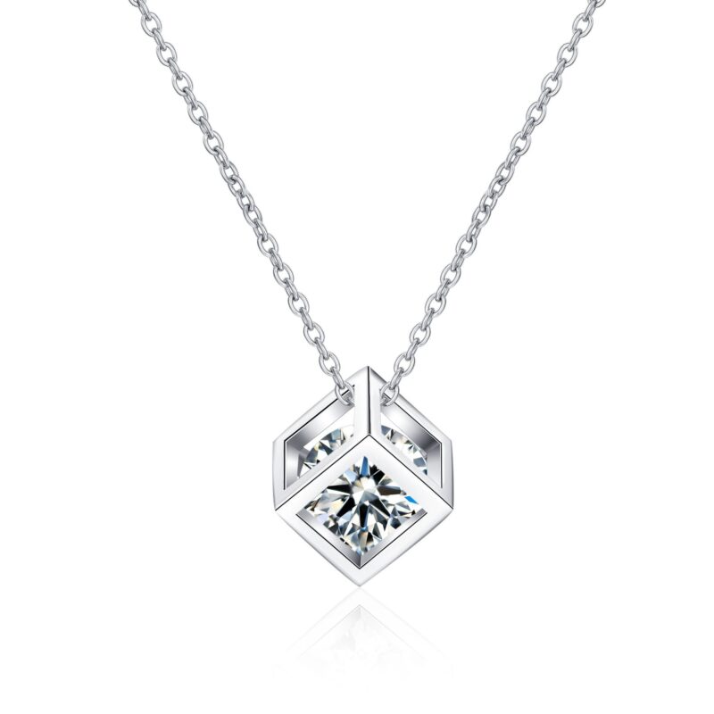 1ct Natural Moissanite Cube Design Sterling Silver 925 Necklace