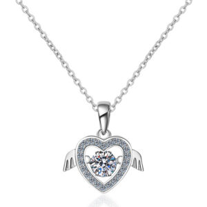 0.5ct Natural Moissanite Heart with Wings Sterling Silver 925 Necklace