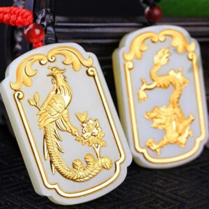 Nephrite Inlaid 24K Gold Dragon and Phoenix Square Classic