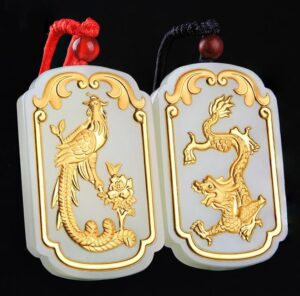 Nephrite Inlaid 24K Gold Dragon and Phoenix Square Classic