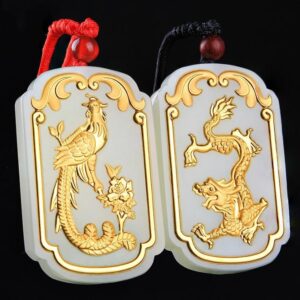 Nephrite Inlaid 24K Gold Dragon and Phoenix Square Classic