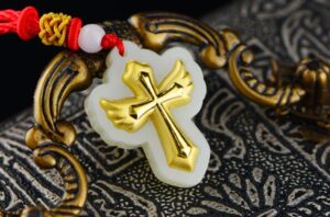 Nephrite Inlaid 24K Gold Cross with Wings