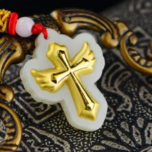 Nephrite Inlaid 24K Gold Cross with Wings