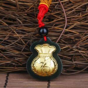 Dark Green Nephrite Inlaid 24K Gold Classic Money Bag Fortune Charm