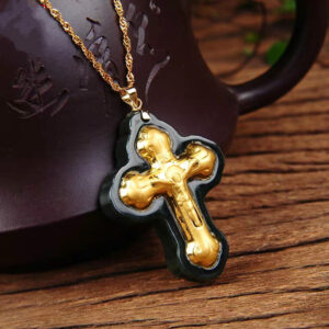 Nephrite Inlaid 24K Gold Cross with Jesus