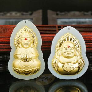 Nephrite Inlaid 24K Gold Buddha and Guanyin